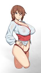 Rule 34 | 1girl, :o, blue eyes, breasts, brown hair, cleavage, highres, large breasts, long hair, looking at viewer, midriff, navel, original, parted lips, rope, solo, sweat, thighs, urec