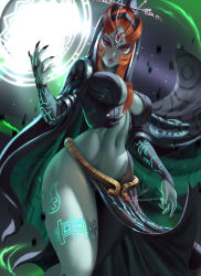 Rule 34 | 1girl, absurdres, blue skin, breasts, colored skin, commentary, gloves, highres, hlulani, long hair, looking at viewer, midna, midna (true), nail polish, navel, nintendo, pinup (style), pointy ears, red eyes, solo, the legend of zelda, the legend of zelda: twilight princess