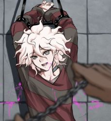 Rule 34 | 1boy, 1other, arms up, blood, blood from mouth, blurry, blurry foreground, bound, brown shirt, chain, commentary, danganronpa (series), danganronpa 2: goodbye despair, danganronpa another episode: ultra despair girls, depth of field, english commentary, holding, komaeda nagito, long sleeves, looking at viewer, male focus, messy hair, mittens, official alternate costume, open mouth, pink blood, red shirt, servant (danganronpa), shirt, solo focus, striped clothes, striped shirt, teeth, tile wall, tiles, upper body, white hair, yandr4hope