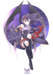 Rule 34 | 1girl, @ (symbol), absurdres, aoi suzu, armor, artist name, bare shoulders, black footwear, black thighhighs, boots, breastplate, character name, circle, commentary request, detached sleeves, fingerless gloves, full body, gloves, grin, hairband, highres, holding, holding sword, holding weapon, knee boots, long hair, long sleeves, looking at viewer, messy hair, navel, pointy ears, purple armor, purple hair, red eyes, smile, solo, sword, sword art online, teeth, thighhighs, weapon, wings, yuuki (sao)