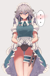 Rule 34 | ..., 1girl, apron, back bow, black panties, blue bow, blue bowtie, blue eyes, blue skirt, blue vest, blush, bow, bowtie, braid, breasts, closed mouth, clothes lift, collared shirt, commentary request, cowboy shot, frown, gloves, grey background, grey hair, hair between eyes, hair bow, highres, holster, izayoi sakuya, knife, lifting own clothes, long bangs, looking at viewer, maid, maid headdress, medium breasts, medium hair, odoro (nicoseiga81184094), panties, puffy short sleeves, puffy sleeves, shirt, short sleeves, simple background, skirt, skirt lift, solo, spoken blush, spoken ellipsis, thigh holster, touhou, twin braids, underwear, v-shaped eyebrows, vest, waist apron, white apron, white bow, white gloves, white shirt