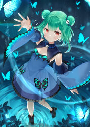 Rule 34 | 1girl, absurdres, animal, arm up, bare shoulders, black footwear, blue dress, blue sleeves, boots, bug, butterfly, closed mouth, commentary request, detached sleeves, double bun, dress, green hair, hair bun, hair ornament, high heel boots, high heels, highres, hololive, insect, juliet sleeves, long sleeves, looking at viewer, puffy sleeves, red eyes, ripples, segawa luna, skull hair ornament, sleeveless, sleeveless dress, smile, solo, standing, standing on one leg, uruha rushia, uruha rushia (1st costume), virtual youtuber, water, wide sleeves