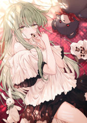 Rule 34 | 1girl, blush, cecilia (shiro seijo to kuro bokushi), checkerboard cookie, commentary request, cookie, food, green eyes, green hair, hair between eyes, holding, holding cookie, holding food, kazutake hazano, light, long hair, looking at viewer, lying, off-shoulder shirt, off shoulder, parted lips, shiro seijo to kuro bokushi, shirt, solo, stuffed animal, stuffed rabbit, stuffed toy, teddy bear, white shirt