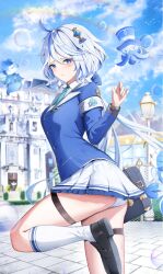 Rule 34 | 1girl, ahoge, alternate costume, armband, ass, black footwear, blue eyes, blue jacket, blue sky, building, cloud, commentary request, day, furina (genshin impact), genshin impact, hair ornament, highres, jacket, long hair, looking at viewer, miniskirt, no headwear, panties, parted lips, pleated skirt, shoes, skirt, sky, socks, standing, standing on one leg, thigh strap, thighs, underwear, very long hair, white hair, white panties, white skirt, white socks, yeni1871