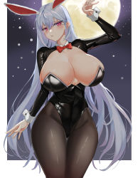 Rule 34 | 1girl, :t, absurdres, animal ears, black leotard, blue hair, blush, bow, bowtie, breasts, bright pupils, brown pantyhose, cleavage cutout, closed mouth, closers, clothing cutout, collar, collarbone, contrapposto, cowboy shot, fake animal ears, gluteal fold, hand up, highleg, highleg leotard, highres, huge breasts, jitome, latex, leotard, light blue hair, long hair, long sleeves, looking at viewer, mirae (closers), moon, night, night sky, open hand, outside border, pantyhose, pink eyes, playboy bunny, pout, rabbit ears, red bow, red bowtie, shiny clothes, simple (ejhe3475), sky, solo, thigh gap, very long hair, wide hips, wing collar, wrist cuffs