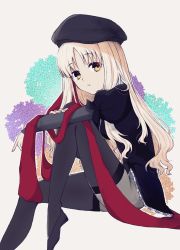 Rule 34 | 1girl, black footwear, black hat, black jacket, black thighhighs, brown eyes, caren hortensia, fate/hollow ataraxia, fate (series), flower, from side, hat, high heels, highres, hydrangea, jacket, layered sleeves, long hair, long sleeves, looking at viewer, parted lips, pumps, red sash, sash, short over long sleeves, short sleeves, shroud of magdalene, silver hair, sitting, solo, thighhighs, toutou (fufu0o)