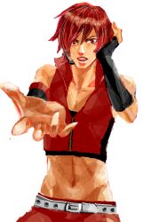 Rule 34 | 1boy, belt, fingerless gloves, gender request, genderswap, gloves, hand on own head, male focus, meiko (vocaloid), meito, microphone, music, navel, oekaki, reaching, reaching towards viewer, red hair, red theme, simple background, singing, solo, vocaloid, white background