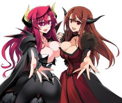 Rule 34 | 10s, 2girls, breast press, breasts, bridal gauntlets, brown hair, cape, choker, cleavage, commentary request, covered navel, demon horns, dual persona, holding hands, horns, interlocked fingers, ishida akira, large breasts, long hair, looking at viewer, maou (maoyuu), maoyuu maou yuusha, multiple girls, open mouth, pink eyes, promotional art, reaching, reaching towards viewer, red eyes, red hair, shoulder pads, smile, symmetrical docking