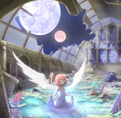 Rule 34 | 1girl, angel wings, broken window, clothes lift, collar, dress, dress lift, full moon, green eyes, highres, hitoshi, moon, night, night sky, original, pink hair, planted, planted sword, planted weapon, red moon, ruins, short hair, sky, solo, stained glass, star (sky), starry sky, statue, sword, tears, wading, water, weapon, window, wings
