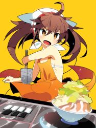 Rule 34 | 1girl, :d, apron, beatmania, beatmania iidx, bowl, bra, brown eyes, brown hair, food, long hair, looking at viewer, mzh, nearly naked apron, noodle strainer, noodles, open mouth, phonograph, ramen, smile, solo, sound voltex, strainer, turntable, twintails, underwear, white bra, yamashina kanade, yellow background