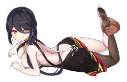 Rule 34 | 1girl, absurdres, ara haan, ara han, ass, barefoot, black hair, blush, breasts, butt crack, cum, cum on body, cum on clothes, cum on feet, devi (elsword), elsword, feet, footjob, highres, large breasts, licking lips, long hair, lying, on stomach, see-through, see-through legwear, single sock, socks, soles, toes, tongue, tongue out, yellow eyes