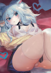 Rule 34 | 1girl, absurdres, animal ears, ass, blue eyes, blue hair, breasts, cameltoe, choker, collared shirt, commentary request, covered erect nipples, girls&#039; frontline, has bad revision, has downscaled revision, highres, light blue hair, long hair, long sleeves, looking at viewer, lying, md5 mismatch, medium breasts, miniskirt, nail polish, official alternate costume, on back, pa-15 (girls&#039; frontline), pa-15 (high school thrills) (girls&#039; frontline), panties, pleated skirt, resolution mismatch, see-through, shirt, skindentation, skirt, solo, source smaller, tail, thick thighs, thighs, torriet, underwear, white legwear, white panties, white shirt