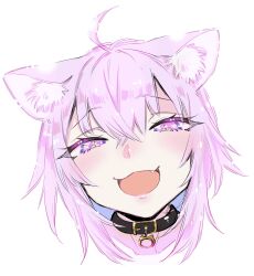 Rule 34 | 1girl, :3, :d, ahoge, animal ear fluff, animal ears, black collar, cat ears, cat girl, collar, commentary request, cropped head, crossed bangs, double-parted bangs, eyelashes, eyes visible through hair, fang, hair between eyes, highres, hololive, lens flare, light blush, looking at viewer, nekomata okayu, open mouth, portrait, purple eyes, purple hair, short hair, sidelocks, simple background, slit pupils, smile, smug, solo, virtual youtuber, white background, yuuichi katou