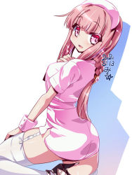 Rule 34 | 1girl, ass, braid, breasts, hat, long hair, looking at viewer, magia record: mahou shoujo madoka magica gaiden, mahou shoujo madoka magica, miuku (marine sapphire), nurse, nurse cap, pink eyes, pink hair, simple background, solo, tamaki iroha, white background
