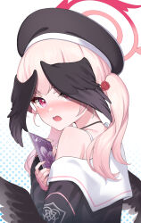 Rule 34 | 1girl, absurdres, beret, black hat, black shirt, black wings, blue archive, blush, book, feathered wings, halo, hat, head wings, highres, holding, holding book, koharu (blue archive), long hair, looking at viewer, looking back, low wings, off shoulder, open mouth, pink eyes, pink hair, pink halo, pizza (pizzania company), polka dot, polka dot background, red eyes, red halo, sailor collar, school uniform, shirt, solo, twintails, upper body, white background, white sailor collar, wings