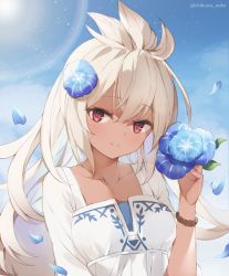 Rule 34 | 1girl, bad id, bad pixiv id, blue flower, blue sky, closed mouth, collarbone, commentary request, dark skin, dark-skinned female, day, flower, granblue fantasy, hair flower, hair ornament, hand up, holding, holding flower, long hair, looking at viewer, narusegawa riko, petals, rainbow, red eyes, shirt, silver hair, sky, smile, solo, sun, sunlight, upper body, white shirt, zooey (granblue fantasy)