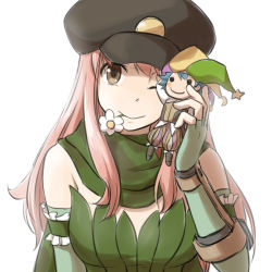Rule 34 | 1girl, baggy pants, black hat, breasts, brown eyes, brown pants, brown vest, camouflage scarf, character doll, closed mouth, clown (ragnarok online), commentary request, doll, elbow gloves, fingerless gloves, gloves, green gloves, green hat, green scarf, green tube top, hat, holding, holding doll, jester cap, long hair, looking at viewer, medium breasts, multicolored clothes, multicolored hat, natsuya (kuttuki), one eye closed, pants, pink hair, purple hat, ragnarok online, ranger (ragnarok online), scarf, shirt, simple background, smile, solo, strapless, tube top, upper body, vest, white background, white shirt, yellow hat
