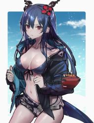 Rule 34 | 1girl, arknights, bad id, bad twitter id, bare shoulders, belt, bikini, bikini under clothes, black bikini, black jacket, blue hair, blue sky, border, breasts, ch&#039;en (arknights), ch&#039;en the holungday (arknights), cleavage, closed mouth, collarbone, commentary request, cowboy shot, day, dragon girl, dragon horns, dragon tail, flower, front-tie bikini top, front-tie top, grey shorts, hair flower, hair ornament, hibiscus, highres, horns, jacket, long hair, long sleeves, looking at viewer, medium breasts, navel, off shoulder, official alternate hairstyle, open clothes, open jacket, outdoors, outside border, red eyes, red flower, short shorts, shorts, sky, solo, swimsuit, tail, tarutaru yamaoka, v-shaped eyebrows, white border