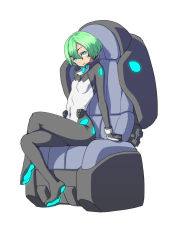 Rule 34 | 1girl, blue eyes, bodysuit, breasts, covered navel, crossed legs, fujisawa takashi, glowing, glowing eyes, green hair, original, science fiction, short hair, sitting, small breasts, solo, white background