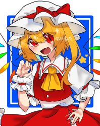 Rule 34 | 1girl, ascot, blonde hair, cowboy shot, crystal wings, dress, fang, flandre scarlet, frills, hat, highres, misoice ramen, mob cap, open mouth, puffy short sleeves, puffy sleeves, red dress, red eyes, red ribbon, ribbon, short sleeves, side ponytail, skin fang, solo, touhou, wrist cuffs, yellow ascot