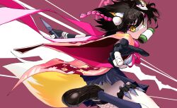 Rule 34 | 1girl, animal ear fluff, animal ears, black gloves, blue archive, eyeshadow, fishnet thighhighs, fishnets, fox ears, fox girl, fox hair ornament, fox tail, gloves, hair ornament, halo, highres, holding, holding knife, izuna (blue archive), japanese clothes, kimono, knife, kunai, loafers, looking at viewer, makeup, mouth hold, nasipeuran, partially fingerless gloves, pink eyeshadow, pink halo, pink scarf, pom pom (clothes), pom pom hair ornament, print kimono, reverse grip, scarf, scroll, shoes, single thighhigh, slit pupils, tail, thigh strap, thighhighs, weapon