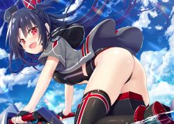 Rule 34 | 1girl, ass, azur lane, bent over, black hair, black thighhighs, blush, cloud, cloudy sky, commentary request, day, fingerless gloves, gloves, hat, jacket, long hair, looking at viewer, open mouth, red eyes, side ponytail, sky, solo, swimsuit, thighhighs, u-73 (azur lane), watercraft, yano mitsuki (nanairo)