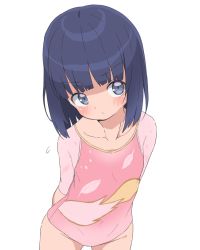 Rule 34 | 1girl, arms behind back, athletic leotard, black hair, blue eyes, blush, bubukka, child, collarbone, expressionless, groin, himenogi rinze, leaning forward, leotard, love r, pink leotard, short hair, simple background, solo, thighs, white background
