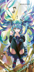 Rule 34 | 1girl, aqua eyes, aqua hair, aqua nails, boots, detached sleeves, eighth note, hatsune miku, instrument, interlocked fingers, keyboard (instrument), kim yura (goddess mechanic), light, long hair, miniskirt, musical note, nail polish, open mouth, own hands together, resolution mismatch, skirt, smile, solo, source larger, tattoo, thigh boots, thighhighs, twintails, twitter username, very long hair, vocaloid