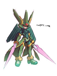 Rule 34 | 1boy, adapted costume, android, capcom, dual wielding, full body, sage harpuia (mega man), helmet, holding, holding weapon, inti creates, japanese text, male focus, red eyes, mega man (series), mega man zero (series), simple background, solo, standing, text focus, tonami kanji, weapon, white background, wings