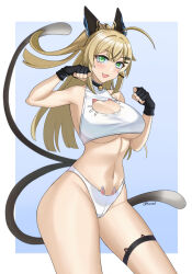 Rule 34 | 1girl, :3, :d, ahoge, animal ears, aori sora, bare arms, bare shoulders, black gloves, blonde hair, breasts, cat cutout, cat ear panties, cat ears, cat lingerie, cat tail, cleavage, cleavage cutout, clothing cutout, commentary, cowboy shot, crop top, fingerless gloves, genshin impact, gloves, green eyes, groin, highres, kirara (genshin impact), large breasts, long hair, looking at viewer, meme attire, midriff, multiple tails, navel, open mouth, panties, paw pose, shirt, sleeveless, sleeveless shirt, smile, solo, standing, stomach, tail, thigh strap, thighs, two tails, underboob, underwear, very long hair, white panties, white shirt