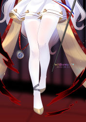 Rule 34 | ankle ribbon, artist name, azur lane, blurry, blurry background, chinese commentary, commentary request, dated, dress, gold footwear, gradient hair, grey hair, highres, le malin (azur lane), leg ribbon, legs, long hair, lower body, multicolored hair, pantyhose, pocket watch, red ribbon, ribbon, sash, slippers, thigh gap, thighband pantyhose, thighs, very long hair, watch, white dress, white hair, white pantyhose, xiao shi lullaby