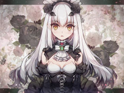 Rule 34 | 1girl, ascot, bare shoulders, black dress, black flower, black rose, blush, breasts, brooch, brown eyes, detached collar, detached sleeves, dress, melusine (fate), fate/grand order, fate (series), flower, forked eyebrows, hair flower, hair ornament, highres, hiyunagi, jewelry, long hair, long sleeves, looking at viewer, maid headdress, open mouth, rose, sidelocks, small breasts, solo, white hair