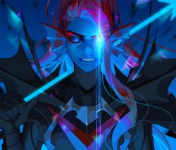 Rule 34 | 1girl, armor, bad id, bad pixiv id, black sclera, blue skin, colored sclera, colored skin, energy spear, fins, glowing, glowing eye, head fins, lictter, long hair, monster girl, polearm, ponytail, red hair, solo, spear, spoilers, undertale, undyne, undyne the undying, weapon