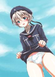 Rule 34 | 10s, 1boy, bad id, bad pixiv id, beret, blue eyes, blush, bow, bow panties, bulge, clothes lift, clothes writing, cloud, crossdressing, day, dress, dress lift, genderswap, genderswap (ftm), gradient background, hat, kantai collection, kurita nao1, looking at viewer, male focus, open mouth, panties, penis, penis in panties, sailor dress, sailor hat, short hair, silver hair, sky, smile, solo, trap, underwear, white panties, z1 leberecht maass (kancolle)