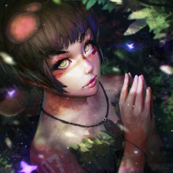 Rule 34 | 1girl, absurdres, animal, artist name, bare shoulders, blunt bangs, bodypaint, bracelet, brown hair, bug, butterfly, collarbone, eyelashes, facepaint, fingernails, food-themed hair ornament, green eyes, guweiz, hair ornament, highres, insect, jewelry, leaf, light smile, lips, looking at viewer, makeup, mascara, mushroom hair ornament, nature, necklace, no pupils, original, outdoors, own hands together, realistic, short hair, solo, strapless, upper body, very short hair