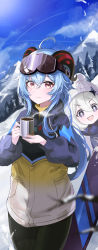 Rule 34 | 2girls, absurdres, ahoge, blue hair, buza006, coat, coffee cup, cowboy shot, cup, day, disposable cup, ganyu (genshin impact), ganyu (winter olympics) (genshin impact), genshin impact, goggles, goggles on head, halo, highres, horns, long hair, looking at viewer, mountain, multiple girls, official alternate costume, outdoors, paimon (genshin impact), purple eyes, sidelocks, smile, snow, white hair, winter clothes, winter coat