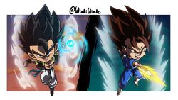 Rule 34 | 2boys, artist name, attack, aura, baggy pants, black eyes, black hair, blue pants, blue sash, blue shirt, boots, brown hair, chibi, commentary, dougi, dragon ball, dragon ball super, dragon ball z dokkan battle, earrings, energy, energy ball, energy sword, english commentary, gloves, gogeta, highres, jewelry, male focus, metamoran vest, multiple boys, muscular, muscular male, open mouth, orange shirt, outside border, pants, potara earrings, sash, shirt, shoes, smirk, spiked hair, sword, twitter username, vegetto, weapon, white gloves, white pants, windiwindo