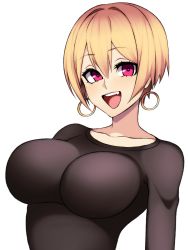 Rule 34 | 1girl, black shirt, blonde hair, breasts, earrings, eyebrows, highres, hoop earrings, hz (666v), jewelry, large breasts, looking at viewer, open mouth, original, pink eyes, shirt, short hair, simple background, smile, solo, triangle mouth, upper body, white background