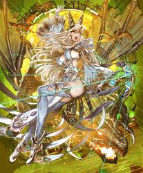 Rule 34 | 1girl, :d, artist request, blonde hair, cygames, dragon, dragon horns, dragon summoner, dragon wings, facial hair, floating, floating rock, high heels, horns, long hair, magic, magic circle, official art, open mouth, shadowverse, shingeki no bahamut, smile, staff, thighhighs, wide sleeves, wings, yellow eyes