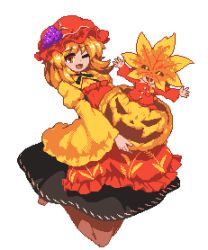 Rule 34 | 2girls, ;d, aki minoriko, aki shizuha, apron, blonde hair, brown legwear, dress, food, fruit, full body, grapes, hat, holding, jack-o&#039;-lantern, jumping, leaf, long sleeves, lowres, mask, medium hair, mob cap, multiple girls, namako daibakuhatsu, no shoes, one eye closed, open mouth, outstretched arms, pantyhose, pixel art, pumpkin, red apron, red eyes, red hat, siblings, simple background, sisters, smile, spread arms, touhou, transparent background, wide sleeves