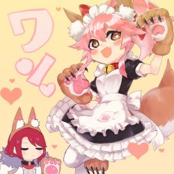 Rule 34 | 1boy, 1girl, :&lt;, animal ear fluff, animal ears, animal hands, apron, arm up, armor, back bow, bell, black dress, blush, blush stickers, bow, breastplate, breasts, bright pupils, brown eyes, brown footwear, brown gloves, brown hairband, cape, claws, closed eyes, closed mouth, collar, dress, enden (pixiv 57969220), fake animal ears, fang, fate/grand order, fate (series), fox ears, fox girl, fox tail, frilled apron, frilled dress, frills, fur-trimmed cape, fur collar, fur trim, gloves, hair flaps, hair ribbon, hairband, hand up, happy, heart, high ponytail, highres, japanese text, jingle bell, leg up, looking to the side, maid, maid apron, maid headdress, neck bell, open mouth, pantyhose, paw gloves, paw print, paw shoes, pawpads, pink hair, pocket, puffy short sleeves, puffy sleeves, red hair, red ribbon, ribbon, shoes, short dress, short hair, short sleeves, sidelocks, simple background, small breasts, smile, solo focus, spoken heart, standing, standing on one leg, tail, tamamo (fate), tamamo cat (fate), tamamo cat (second ascension) (fate), translated, tristan (fate), upper body, white apron, white cape, white pantyhose, white pupils, yellow background