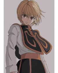 Rule 34 | 1boy, absurdres, androgynous, blonde hair, earrings, enoki (gongindon), floating hair, highres, hunter x hunter, jewelry, kurapika, long sleeves, looking at viewer, male focus, official style, red eyes, serious, short hair, simple background, single earring, solo