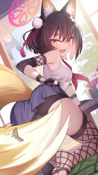 Rule 34 | 2girls, :d, animal ears, bike shorts, black gloves, black hair, blue archive, blue skirt, fang, fingerless gloves, fishnet thighhighs, fishnets, fox ears, fox girl, fox tail, from behind, gloves, halo, highres, izuna (blue archive), looking at viewer, looking back, michiru (blue archive), multiple girls, neckerchief, open mouth, partially fingerless gloves, red halo, red neckerchief, short hair, skin fang, skirt, smile, soles, tail, thighhighs, yellowpaint.