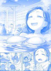 Rule 34 | 1boy, 1girl, alcohol, asphyxiation, blue theme, breasts, choko (cup), coat, comic, commentary request, crying, cup, drowning, earrings, floating breasts, getsuyoubi no tawawa, hair ornament, hairclip, half-closed eyes, himura kiseki, japanese clothes, jewelry, kimono, kouhai-chan (tawawa), lantern, large breasts, mixed-sex bathing, mole, mole under eye, monochrome, nape, nude, onsen, open mouth, sake, scarf, shared bathing, silent comic, smile, snowing, sparkle, steam, steepled fingers, stud earrings, submerged, tears, thought bubble, tokkuri, umbrella, water, wavy mouth