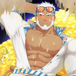 Rule 34 | 1boy, abs, aegir (housamo), bara, bare pectorals, beard, blue eyes, cropped, cum, cum on male, dark-skinned male, dark skin, earrings, eyewear on head, facial hair, highres, jewelry, large pectorals, long sleeves, looking at viewer, male focus, multicolored hair, muscular, nipples, open clothes, open shirt, pectorals, sexually suggestive, shirt, simple background, smile, solo, tokyo houkago summoners, upper body, white hair, zifu