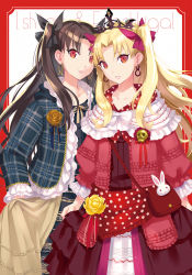 Rule 34 | 2girls, bag, black dress, black ribbon, blonde hair, blue jacket, brown dress, brown hair, character name, closed mouth, collarbone, dress, earrings, ereshkigal (fate), fate/grand order, fate (series), flower, frilled jacket, frills, hair ribbon, hoop earrings, infinity symbol, ishtar (fate), jacket, jewelry, long hair, long sleeves, looking at viewer, multiple girls, nishimura eri, open clothes, open jacket, parted bangs, parted lips, plaid, plaid jacket, polka dot, puffy long sleeves, puffy sleeves, red background, red eyes, red jacket, red ribbon, ribbon, rose, shoulder bag, skull, smile, tiara, two-tone background, two side up, v-shaped eyebrows, very long hair, white background, yellow flower, yellow rose