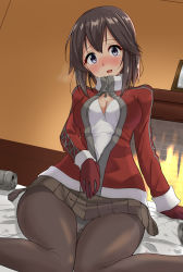 Rule 34 | 1girl, bed, beer can, black hair, black pantyhose, black skirt, breasts, can, cleavage, cleavage cutout, clothing cutout, drink can, fireplace, gloves, grey eyes, hayasui (kancolle), highres, indoors, jacket, kantai collection, looking at viewer, medium breasts, miniskirt, official alternate costume, open clothes, open jacket, pantyhose, pleated skirt, red gloves, red jacket, shiba (zudha), shirt, short hair, sitting, skirt, solo, upskirt, wariza, white shirt