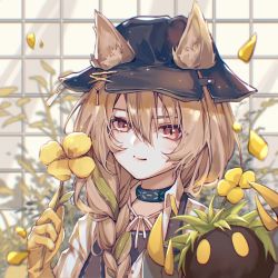 Rule 34 | 1girl, animal ear fluff, animal ears, arknights, beanstalk (arknights), black collar, black headwear, braid, brown hair, chinese commentary, collar, commentary request, ears through headwear, flower, green hair, hair between eyes, hand up, hat, highres, holding, holding flower, hyena ears, infection monitor (arknights), jacket, kaxnight, lips, looking at viewer, metal crab (arknights), multicolored hair, portrait, red eyes, streaked hair, white jacket, yellow flower
