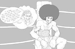 Rule 34 | abs, afro, boxing, gol d. roger, headwear request, highres, monkey d. luffy, muscular, one piece, parody, resident drawfriend, scar, shoulder tattoo, silvers rayleigh, sitting, tattoo, thinging