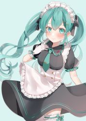 Rule 34 | 1girl, ame iroo, aqua background, aqua eyes, aqua hair, blush, gloves, hair ornament, hairclip, hatsune miku, highres, long hair, looking at viewer, necktie, simple background, smile, twintails, vocaloid, wind, wind lift